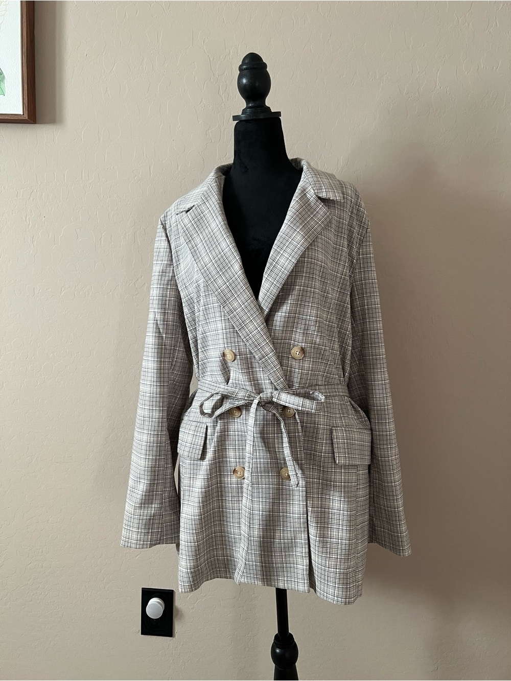 Free People Gray Plaid Tie-Waist Oversized Blazer